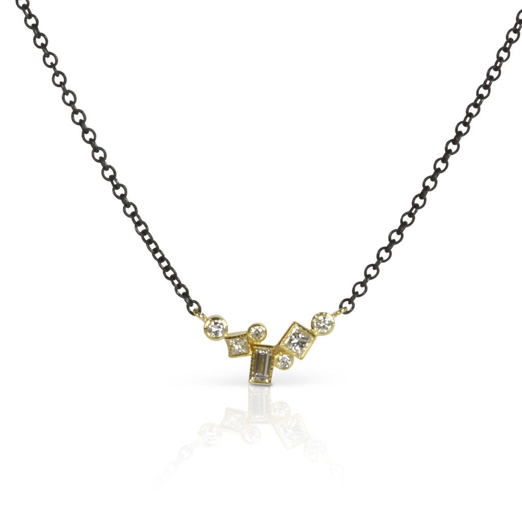 Petite horizontal 18k gold bar pendant with .31 ct tw scattered post-consumer recycled diamonds, shown on an oxidized sterling silver adjustable cable chain.