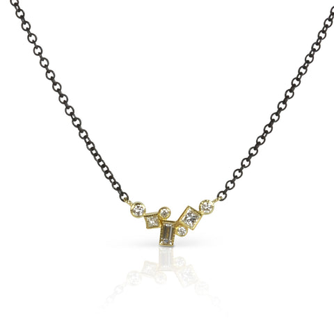 Petite horizontal 18k gold bar pendant with .31 ct tw scattered post-consumer recycled diamonds, shown on an oxidized sterling silver adjustable cable chain.