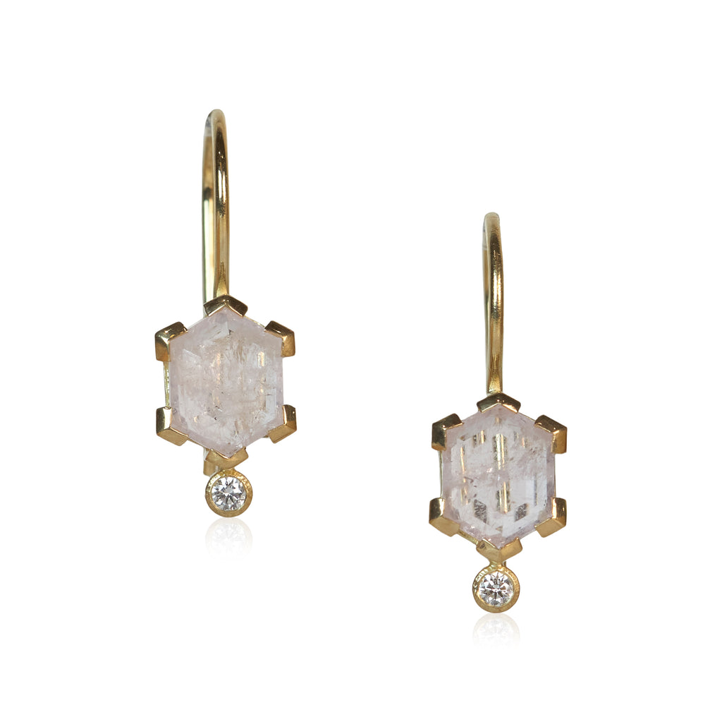 Pair of drop earrings with hexagon-cut pale pink morganites and small round diamond accents, set in Fairmined 18k yellow gold.