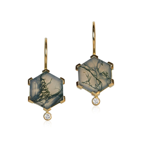 Pair of drop earrings with hexagon moss agates showing green inclusions, each accented with a small round diamond, set in Fairmined 18k yellow gold.