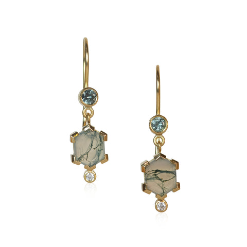 Pair of drop earrings with hexagon moss agates, round blue sapphires above, and small round diamonds below, set in Fairmined 18k yellow gold.