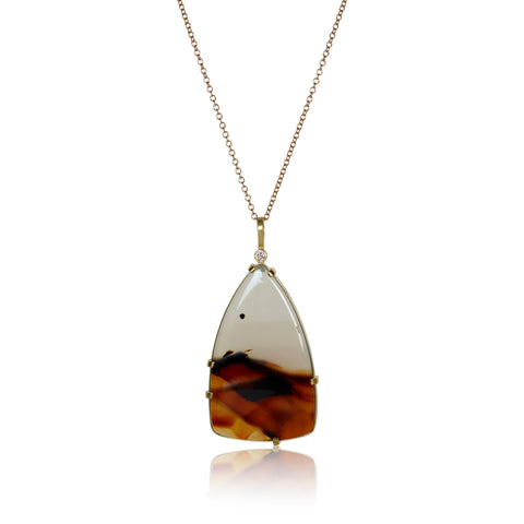 montana agate and diamond pendant necklace in caramel, chocolate brown, and ivory made by hand with recycled gold
