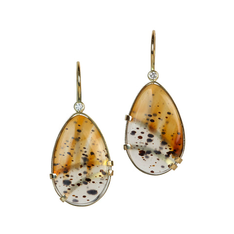 Pear-shaped Montana agate drop earrings in yellow gold with diamonds, featuring golden tones and dark speckles. Fronts