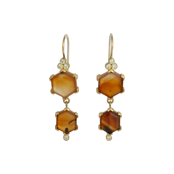 Karin Jacobson Jewelry Montana agate earrings - in FairminedTM 18k gold with agates (10x10 top and 10x8 bottom) and .20carat total weight diamonds