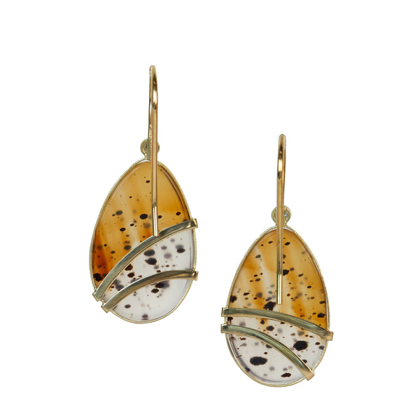 Pear-shaped Montana agate drop earrings in yellow gold with diamonds, featuring golden tones and dark speckles. backs