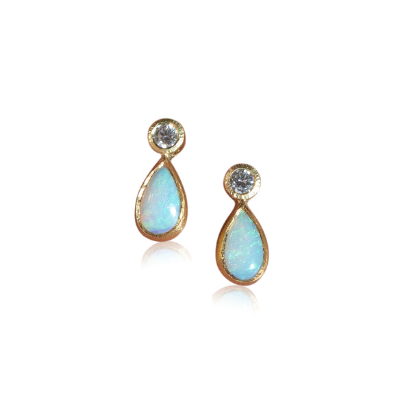 Photo of karin jacobson jewelry design opal and diamond confetti studs in 22k & 18k yellow gold and sterling silver. The opals and diamonds are post-consumer recycled.