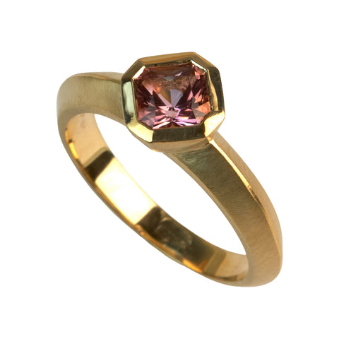 light pink tazanian pink tourmaline solitaire ring in fairmined yellow gold