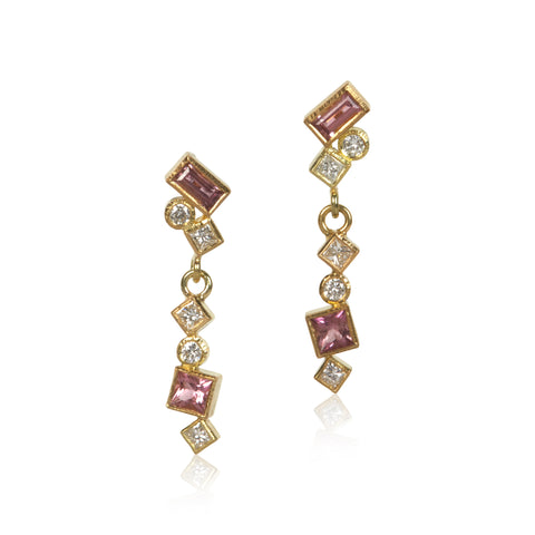 18k gold hinged dangle earrings with Fair Trade Nigerian pink tourmaline totaling .34 ct and post-consumer recycled diamonds totaling .35 ct, arranged in mirrored Confetti patterns.