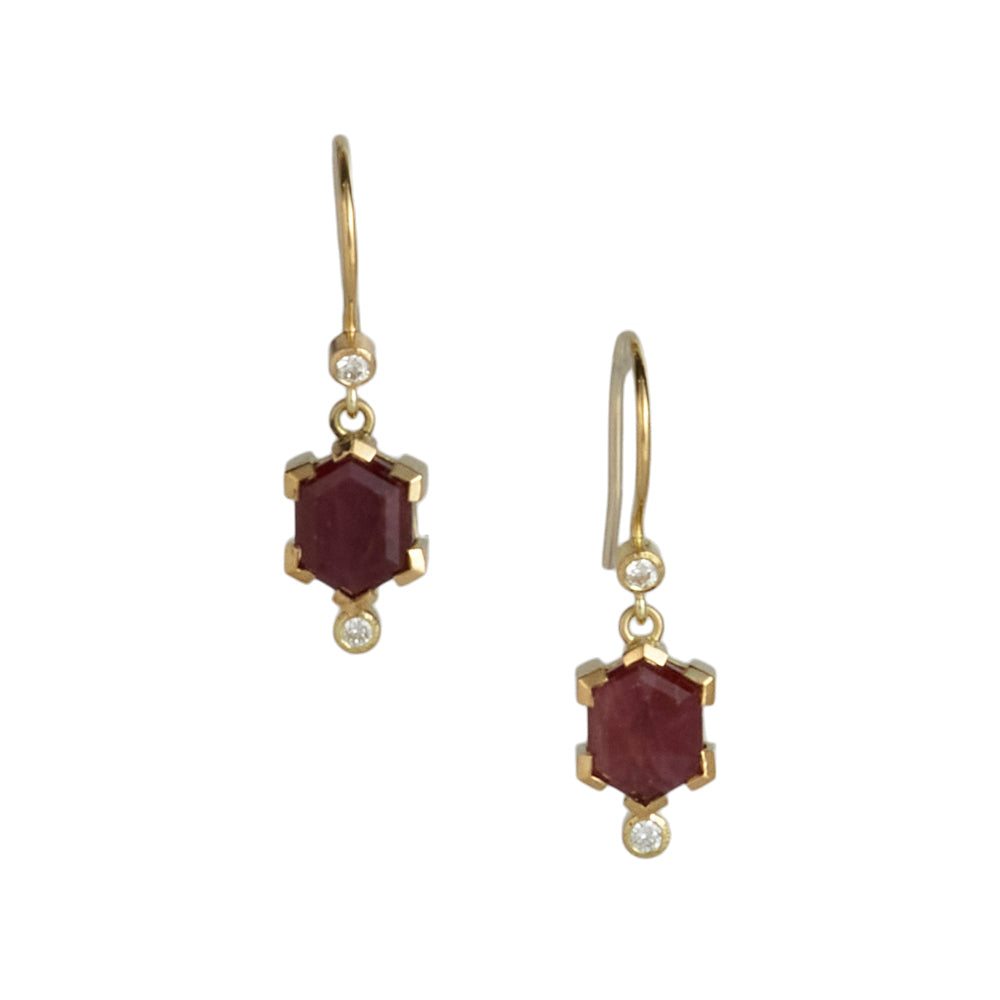 Karin Jacobson Jewelry ruby hexagon earrings in Fairmined gold with recycled diamonds