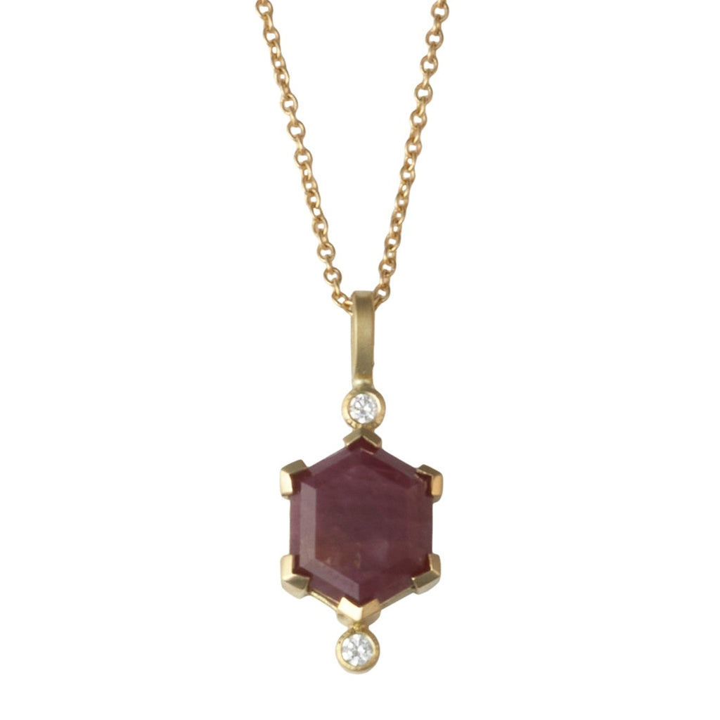 Karin Jacobson Jewelry ruby hexagon and recycled diamond necklace in 18k gold