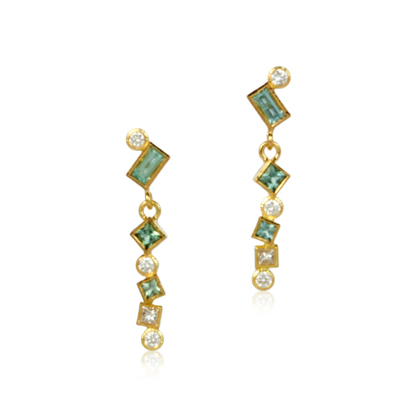 The photo shows 18k yellow gold confetti dangle earrings with various square, rectangle and round seafoam (pale green) tourmalines and diamonds on a white background.