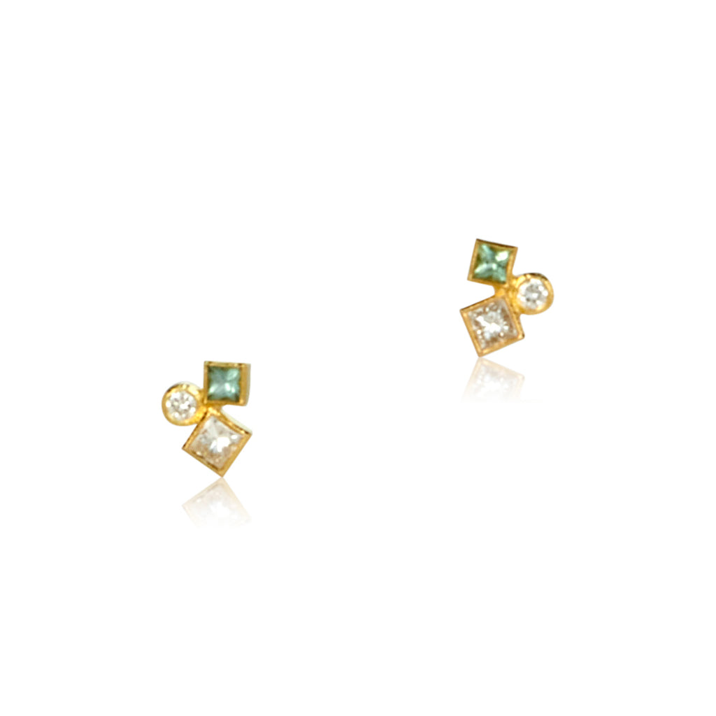 Shows a pair of seafoam green tourmaline and diamond studs on white. Each stud has one square diamond, one square green tourmaline and one round diamond.