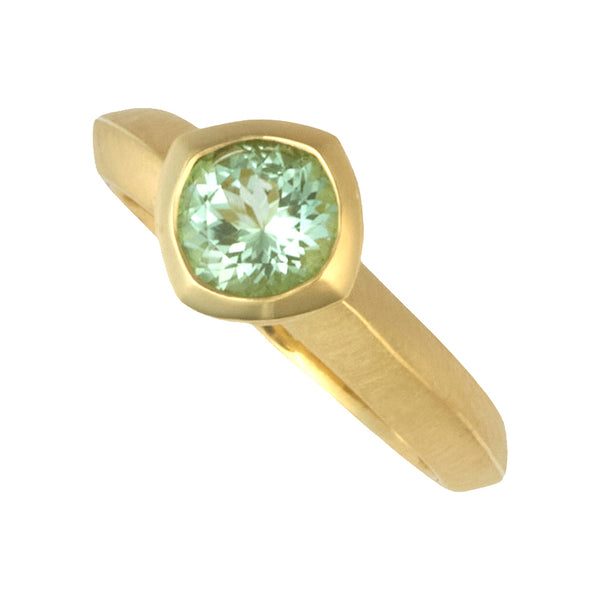 photo of karin jacobson jewelry design seafoam tourmaline round bezel set solitaire ring 