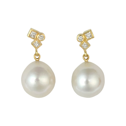 Photo of karin jacobson jewelry design hinged diamond and pearl confetti earrings in 18k yellow gold with post consumer recycled diamonds and freshwater pearls.