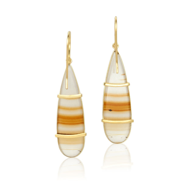 amber striped montana agate earrings in 18k fairmined gold with diamonds at the tops and french wires - photographed on white - backs