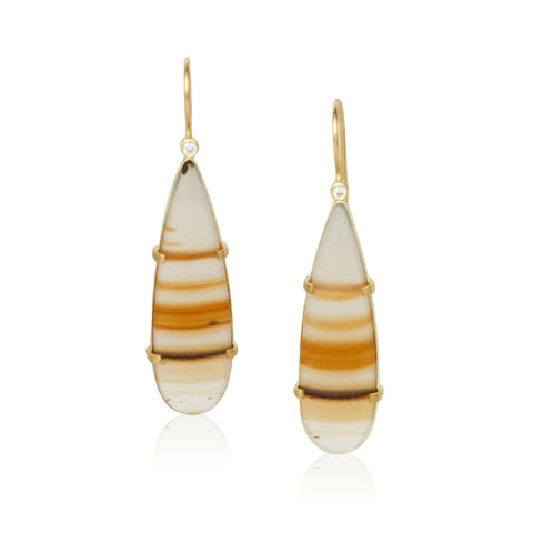 amber striped montana agate earrings in 18k fairmined gold with diamonds at the tops and french wires - photographed on white