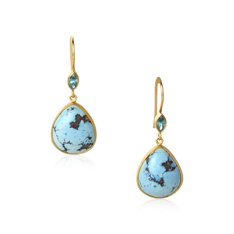 turquoise drops set in 22k gold on an open sterling back with natural blue zircon and french wire tops. by karin jacobson jewelry design