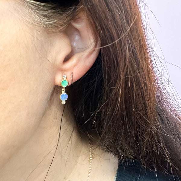 Karin Jacobson Jewelry double opal double diamond earrings with posts in 22k and 18k gold. shown on model