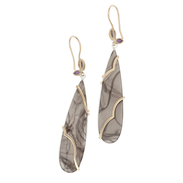 handcrafted jasper earrings with marquise cut amethyst and iolite stones