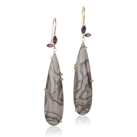 pear shaped Willow Creek Jasper dangle earrings with marquise-cut amethyst and iolite