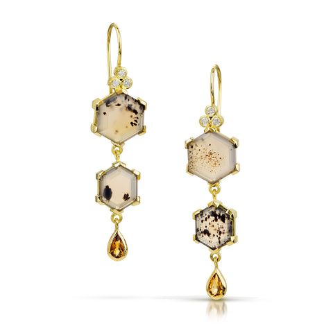 Montana agate hexagon earrings with pear shaped citrine drops and recycled diamonds in 18k fairmined gold