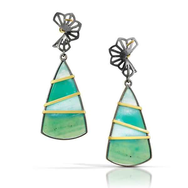  Photo of karin jacobson jewelry design opalized wood earrings with petite hyacinth fold tops. in sterling silver and 18k yellow gold with 2 diamonds. the opalized wood is triangle shaped with teal and white stripes. back sides shown