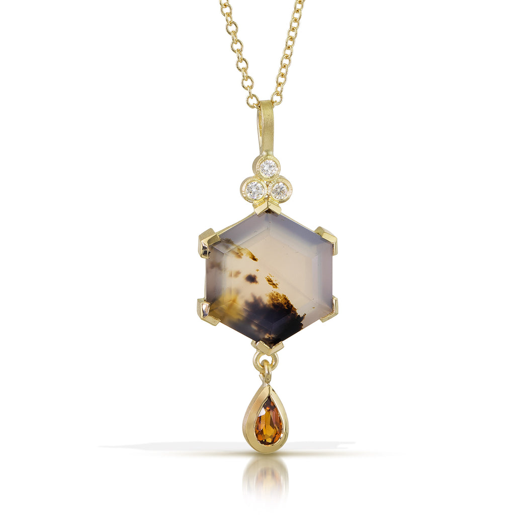 karin jacobson jewelry montana agate hexagon pendant with three diamond cluster at the top and pear cut citrine at the bottom, in fairmined 18k gold