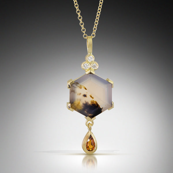 montana agate hexagon and citrine drop necklace