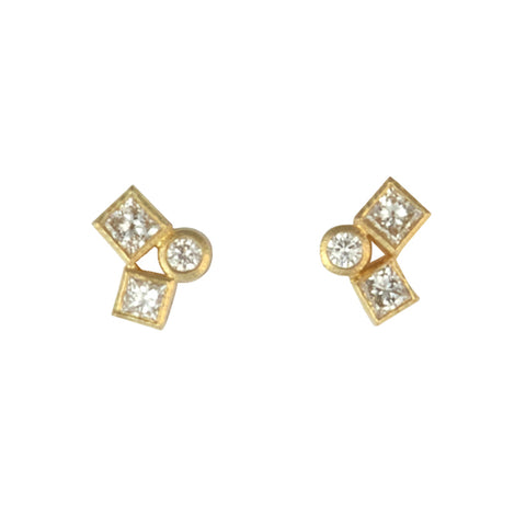Photo of karin jacobson jewelry design diamond confetti studs in 18k yellow gold. The diamonds are post-consumer recycled.