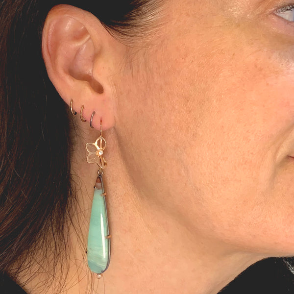 rose gold anise fold earrings with opalized wood drops