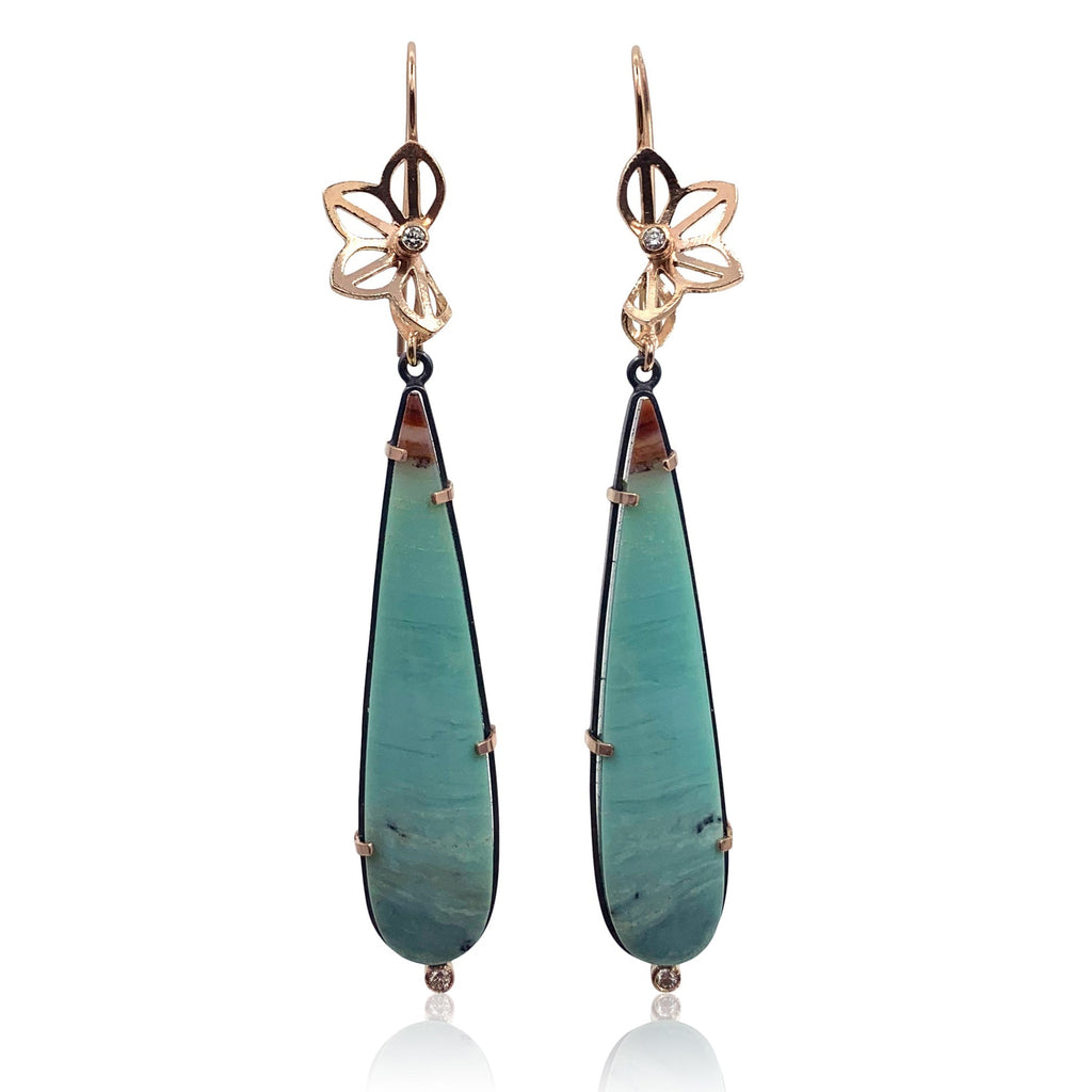 rose gold anise fold earrings with opalized wood drops