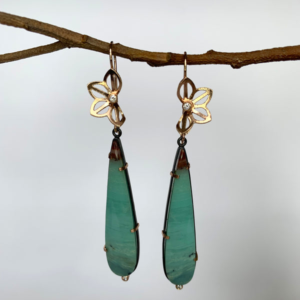 rose gold anise fold earrings with opalized wood drops