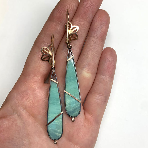 rose gold anise fold earrings with opalized wood drops