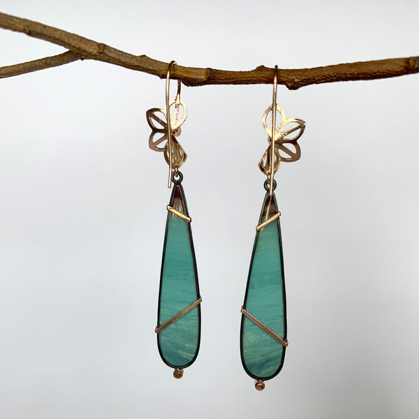 rose gold anise fold earrings with opalized wood drops