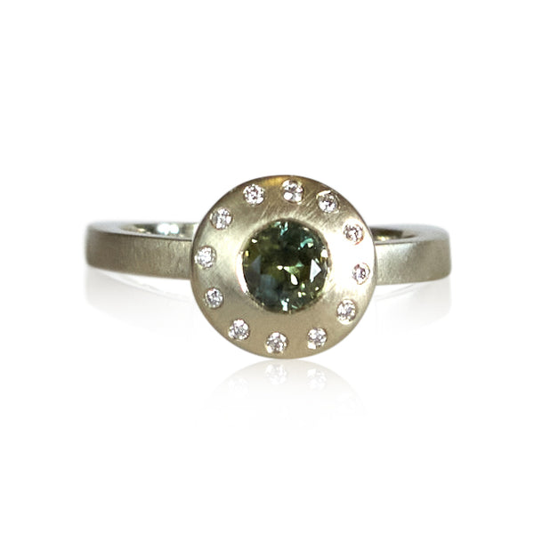 green sapphire & diamond halo with petite cloud stack